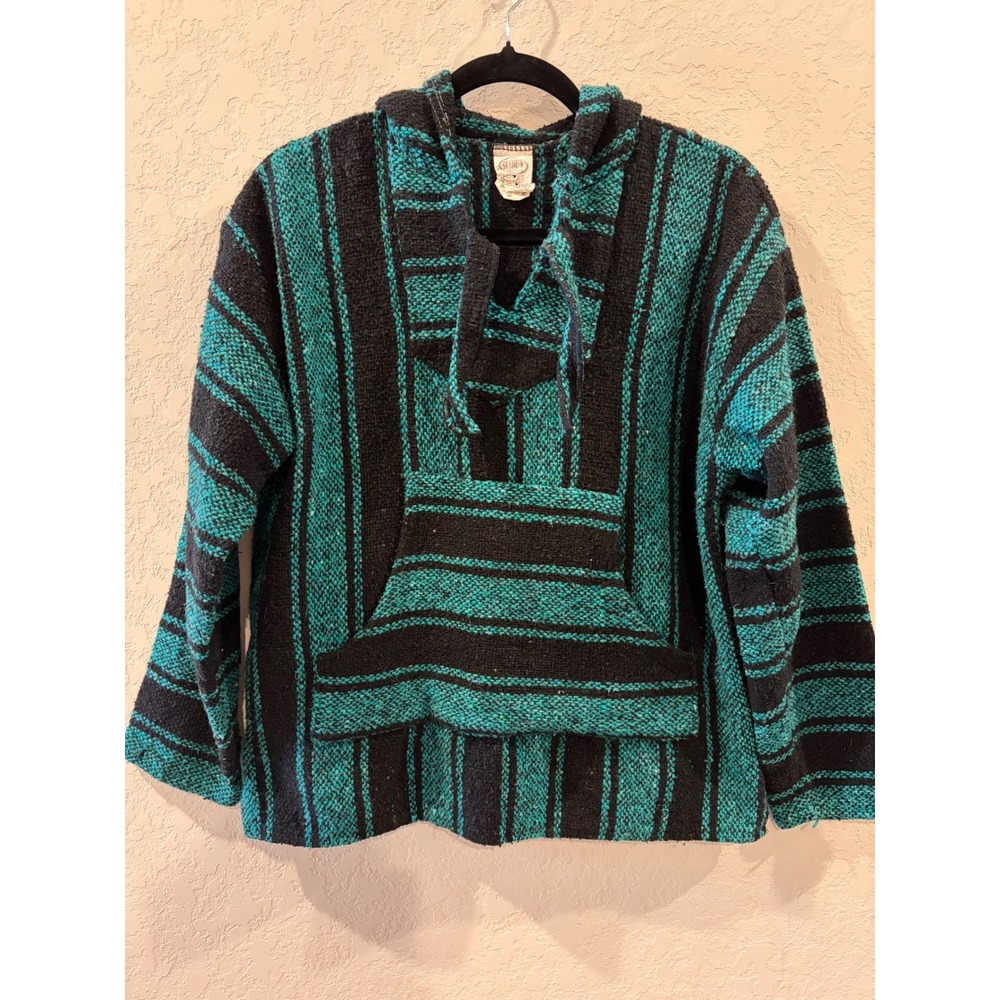 Frank's Textiles Mexican Baja Hoodie Teal Black Striped Pullover Jerga Medium